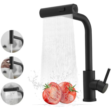 Küchenarmatur aus schwarzem Edelstahl, mit Ausziehbrause, Wasserfall-Effekt, Einhebelmischer, drei Betriebsarten, geeignet für Küchenspülen, schwarz, OUYLAF
