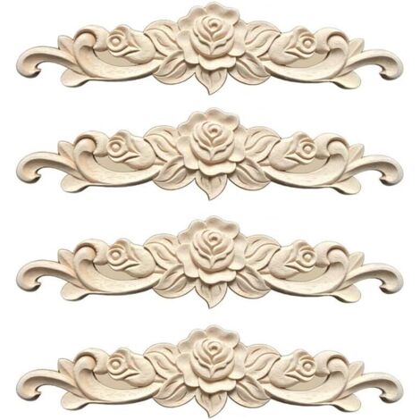 Moulure Decorative Bois 4 Pièces Sculpture Bois Moulure Rosace Decorative pour Décoration Meuble de Cuisine Meubles,30 x 7cm (1/5)