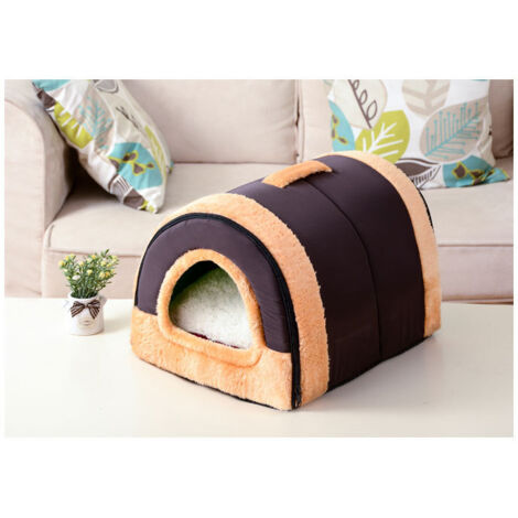 Chenil 2 en 1 pour chien, lit chaud pliable pour nid d'animal domestique avec coussin amovible marron (1/3)