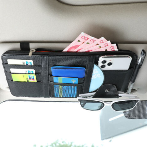 Pare Soleil de Voiture Organisateur Auto intérieur en Cuir Accessoires Poche de Rangement étui Sac pour Carte clé de Licence téléphone noir