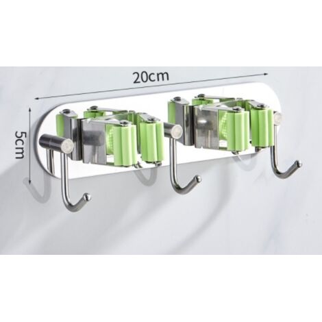 Porte Balai Mural, en Acier inoxydable, Support de Balai avec 2 Clips et 3 Crochets,Support de Rangement Mural Organisateur pour Cuisine Jardin Balcon Garage vert (1/5)