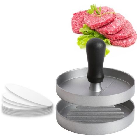 à Burger Moule Steak Haché en Aluminium Revêtement Antiadhésif + 100 Feuilles De Papier Sulfurisé, Ustensiles Cuisine pour Faire Délicieux Hamburgers, Galettes Et Barbecues, gris clair (1/5)