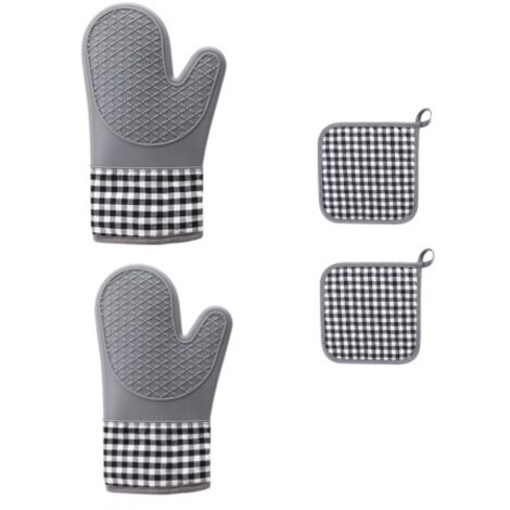 Gants de Four, Gants de Cuisine Silicone Résistant à Chaleur et Antidérapant, Maniques pour Barbecue, Cuisine (gris) (2 gants + 2 chiffons à carreaux) (1/5)