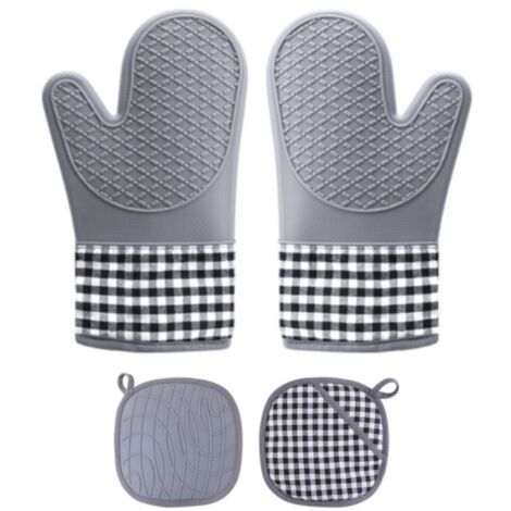 Gants de Four, Gants de Cuisine Silicone Résistant à Chaleur et Antidérapant, Maniques pour Barbecue, Cuisine(gris (2 gants + 1 silicone gris + manique à carreaux)) (1/5)