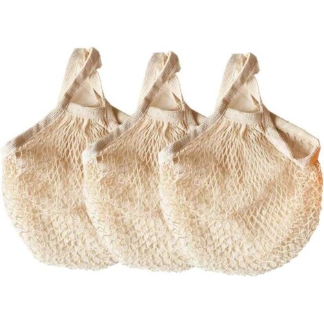 Lot de 3 sacs à provisions réutilisables en maille de coton Beige-manche court (1/5)