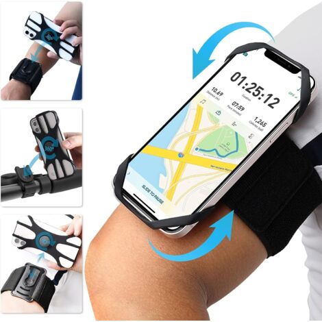 Brassard de Sport Téléphone, 3 en 1 Brassard Telephone avec Support Téléphone Vélo,Rotation à 360° Brassard pour Telephone Course Compatible pour Smartphones de 4,5 "à 7"-noir (1/5)