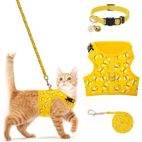 Harnais pour chat avec laisse et collier pour la marche – Anti-fuite – Harnais souple réglable pour chats de taille moyenne et grande-jaune-M