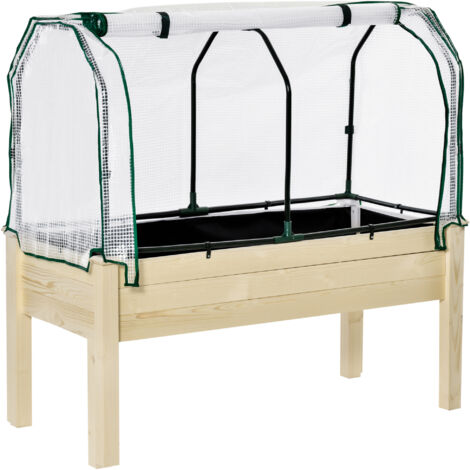 Jardinière surélevée, bâche en aluminium enroulable, cadre en bois naturel, doublure en tissu, trous de drainage, dimensions : 121 x 55 x 117 cm (1/5)