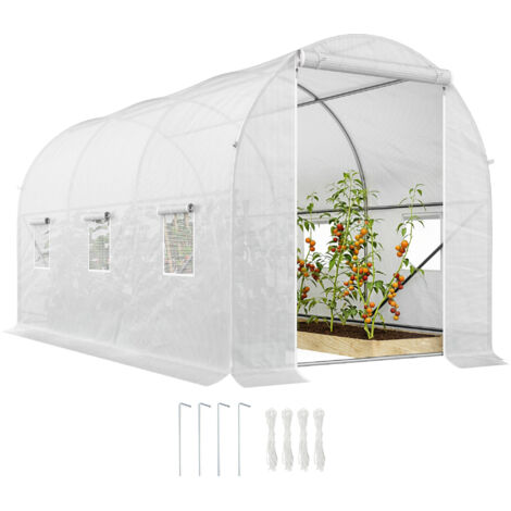 Serre de Jardin Tunnel 3.5x2x2 m avec Portes Enroulables et Fenêtres, Serre pour Potager avec 5 Renforts Diagonaux, Structure en Métal et Couverture PE, pour Potager Légumes Fleurs, Blanc