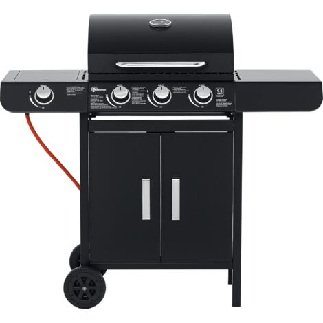 Barbecue au gaz avec 3 brûleurs principaux + 1 brûleur latéral, tablette, acier inoxydable, noir, 110 x 50 x 100 cm (1/5)