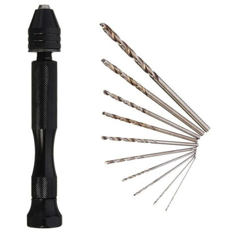 Mini mini - perceuse à main en aluminium avec mandrin sans clé + perceuse à torsion en acier allié 10x outil rotatif perceuse à bois (1 set, noir) (1/5)