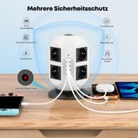 Multiprise 8 prises avec protection contre les surtensions, 2 ports de charge USB, câble de 2 m, 2 interrupteurs(Noir et blanc)