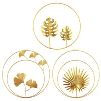 3PCS Sculptures Murales en Fer Métal Feuilles Fer Ginkgo Feuilles Décorations, et Paume Murale Décoration, Décoration Murale Ronde Tenture Murale -24cm