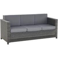 Canapé en rotin poly avec coussins 3 places Canapé lounge de jardin Métal Polyester Gris 185 x 70 x 80 cm