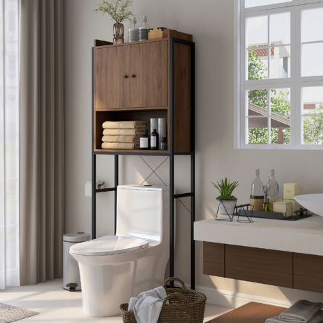 Meuble étagère dessus WC étagère de salle de bain placard 2 portes et niche 68 x 25,5 x 172,5 cm marron noir