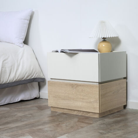 Table de chevet empilable table de nuit table d'appoint avec 2 tiroirs pour chambre à coucher, salon - blanc et naturel (1/5)