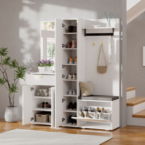 Ensemble armoire murale compacte et étroite avec miroir, penderie, 3 portes, étagère à chaussures inclinable, banc et tiroir. Idéale pour une entrée ou un couloir. Couleur : blanc. Dimensions : 150 x 