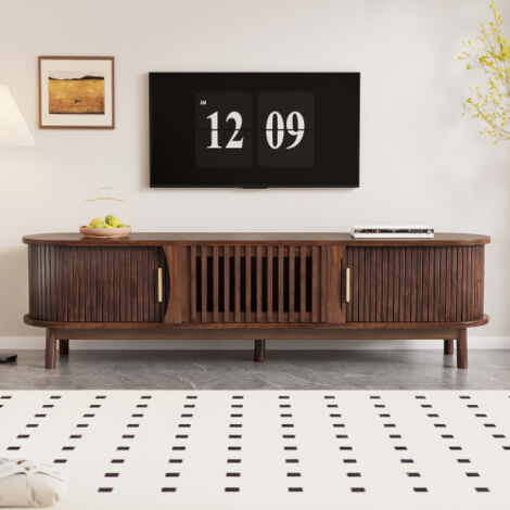 Meuble TV bas marron, dimensions : 165 x 39,5 x 46 cm. Ce meuble plat marron est doté d'une porte coulissante à ouverture vers le bas et convient aux téléviseurs jusqu'à 65 pouces. Pieds de support in (1/5)