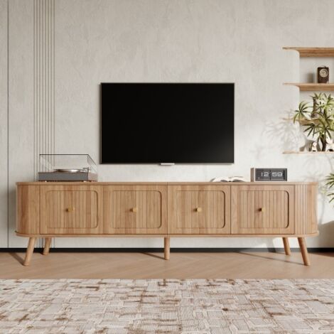 Meuble TV moderne, support TV, panneau TV, meuble TV bas. Quatre portes, poignées dorées, pieds en bois, design unique. 180 x 38 x 47 cm (L x l x H) (1/5)