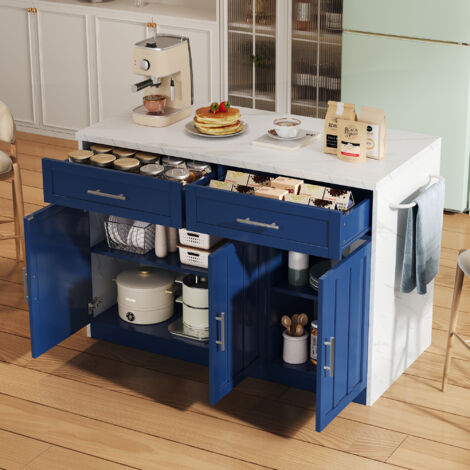 L'îlot de cuisine mesure 120 x 60 x 91 cm et est équipé d'une prise électrique, d'un port USB, d'un cordon d'alimentation de 1,5 mètre et d'étagères réglables.