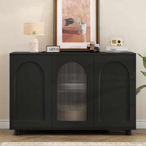 Un élégant buffet noir minimaliste en forme de U, avec portes vitrées et plateau rabattable. (1/5)
