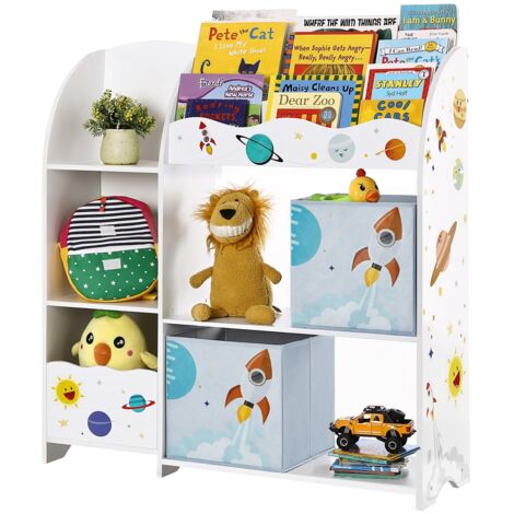 Étagère De Rangement Pour Enfants, Bibliothèque, Pour Livres Et Jouets, Organisateur Avec 2 Boîtes De Rangement, Pour Salle De Jeux, Chambre D’enfants, Salon, Blanc Nuage Avec Motifs (1/5)