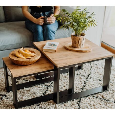 Able Basse En Bois, Set De 2 Tables En 2 Tailles, Salon, Carrée Pour Canapé Avec Piètement Noir Et Plateau En Bois, Set De Table D'appoint Pour Le Salon (1/5)