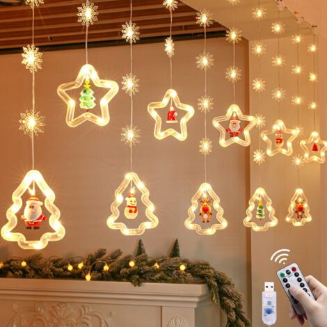 Rideau Lumineux Sapin De Noël,Rideau Lumineux De Noël,Rideau Lumineux Noël Etoiles Avec Figurine,Rideau Lumineux Noël,Led Guirlande Rideau Lumineux Fenêtre Intérieur,Pour Fenêtre Balcon Terrasse [Clas (1/5)