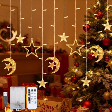 Rideaux Lumineux De Noël Intérieur, 12 Rideaux Lumineux Étoilés, 3,5 M X 0.6 M Guirlande Lumineuse Décorative De Noël Avec Minuterie, 8 Fonctions, Port Usb Et Boîtier À Piles (Multicolore) [Classe Éne (1/5)