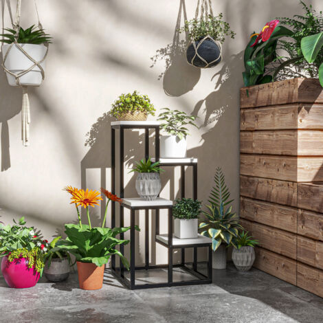 Étagère à plantes étagère à fleurs en métal et bois 4 niveaux de différentes hauteurs style industriel 34 x 34 x 66 cm (1/5)