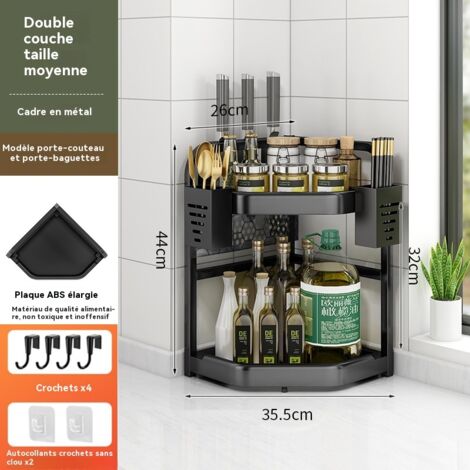 Étagère d'angle triangulaire multifonctionnelle pour plans de travail de cuisine, double couche, taille moyenne, comprenant un porte-couteaux et un tube de rangement pour ustensiles.