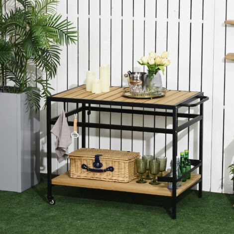 Desserte de jardin chariot pour plancha en bois et métal 2 étagères 3 crochets 107 x 65 x 80 cm noir naturel (1/5)