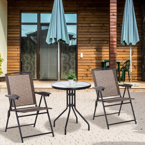 Outsunny Ensemble de Jardin 3 pièces 2 chaises inclinables Multi-Positions Pliables + Table Ronde Verre trempé métal textilène Chocolat (1/5)