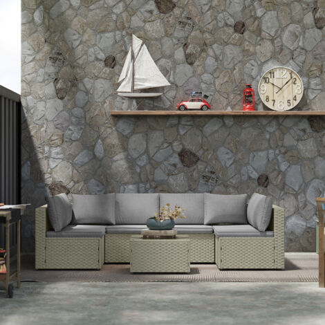 Salon de jardin extérieur modulable 6 personnes en résine tressée avec canapés et table basse en verre trempé, marron (1/5)