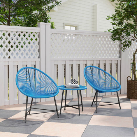 Salon de jardin extérieur en résine tressée 2 personnes, plateau en verre trempé, pour balcon terrasse patio, bleu (1/5)