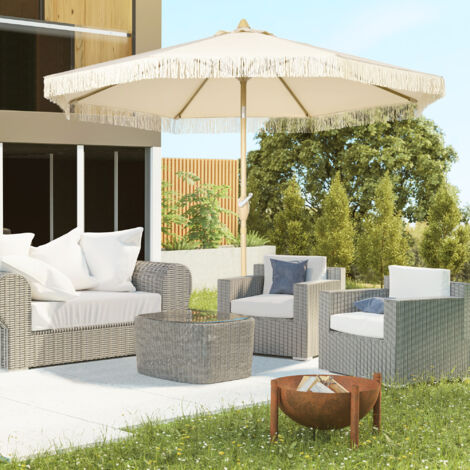 Parasol de jardin inclinable parasol avec manivelle à franges style bohème 8 baleines Ø 265 x 244H cm crème