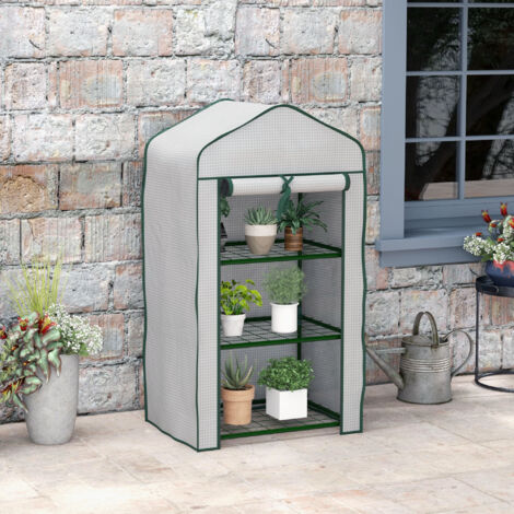 Serre de Jardin étagère 3 Niveaux dim. 59L x 39l x 127H cm métal thermolaqué Vert PE Haute densité 140g/m² Blanc (1/5)