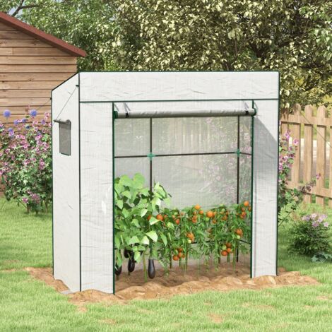 Serre de jardin murale adossée avec 1 porte enroulable, bâche PE renforcée, 2 fenêtres, dim. 196L x 77l x 197/178H cm