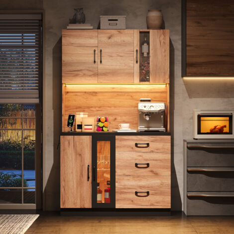 Armoire haute de cuisine moderne 105 × 40 × 180 cm, aspect noir et bois avec éclairage LED, étagères réglables et prise de style européen, convient aux cuisines, salles à manger, salons, etc. (1/5)