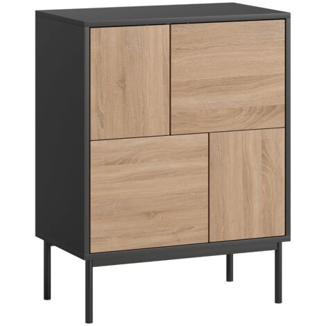 Buffet à portes à ouverture par pression, meuble de salle à manger avec pieds en métal, meuble de cuisine, MDF, noir et bois naturel (1/5)