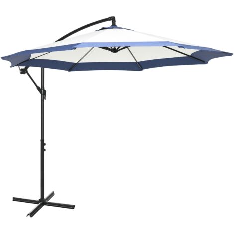 Parasol de jardin Ø3 x 2 m avec pied en croix, ouverture à manivelle et aération, parasol de terrasse décentré en métal et polyester, bleu foncé et crème (1/5)