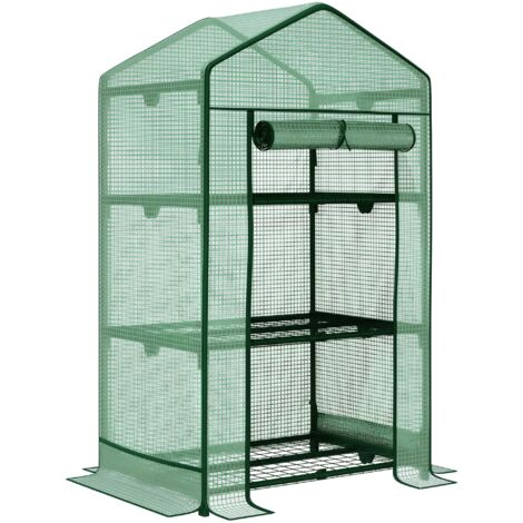 Mini serre Outsunny pour semis, avec bâche en aluminium, 3 étagères, porte enroulable et bac à légumes.