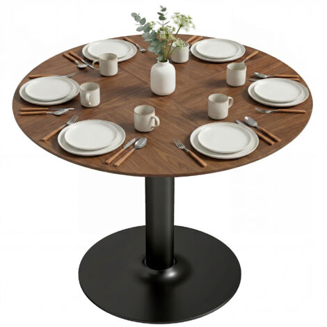 Table de salle à manger ronde pour 6 personnes, 110 cm. Table de cuisine moderne avec pied central pour salon, aspect bois brun.