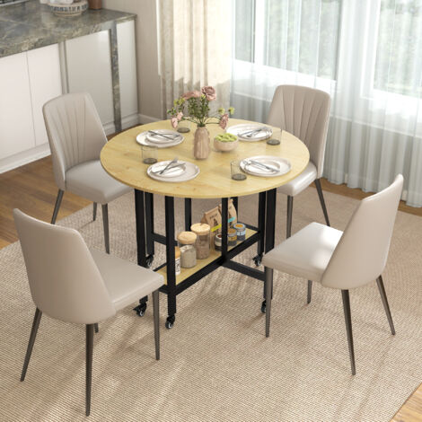 Table à manger pliante sur roulettes, table de cuisine pour 4 personnes avec étagère intégrée, 100 x 100 x 75 cm, chêne (1/5)