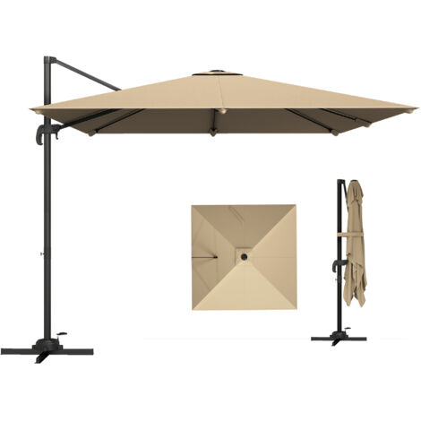Parasol déporté carré 3 x 3 m. parasol de jardin extérieur. rotation 360°. inclinable 5 positions. base en croix. kaki