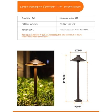 Lampe de jardin champignon extérieure 7W marron, modèle socle fixation murale/sol dur étanche (1/3)