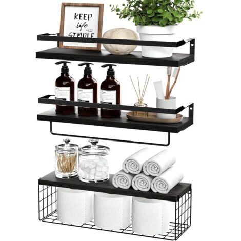 ZVD Lot de 3 étagères flottantes avec panier de rangement, étagères murales en bois rustique pour salle de bain, chambre, salon, cuisine (noir) (1/4)