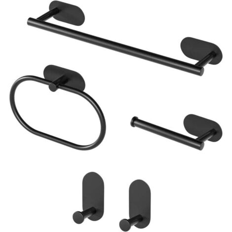 5 Pièces Porte Serviette Salle De Bain, Accessoires De Salle De Bain Kit sans Forage, Autocollant 3M Et Perçage Porte Serviettes pour Salle De Bain, Cuisine, Noir (1/4)