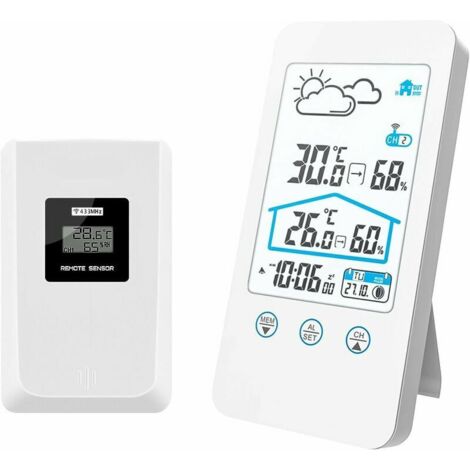 Station météo sans Fil, Thermomètre numérique intérieur sans Fil pour intérieur Baromètre d'humidité Horloge de Station météo avec capteur extérieur (Blanc) zhuoxuan (1/5)