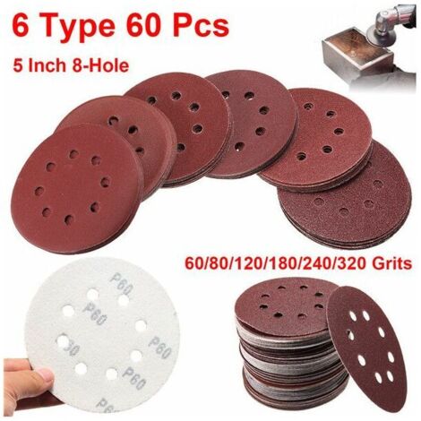 60Pcs Papier de Verre Poncage Polissage Disque Pad 125mm 8 Trou Grit 60-320 Cisea (1/4)